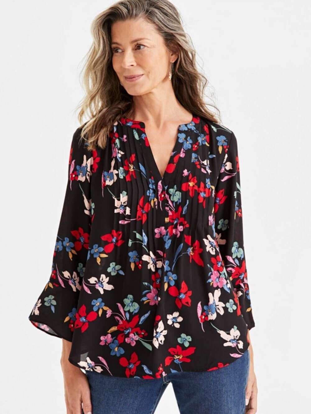Style & Co Printed Women's Pintuck Ruffle Floral Top